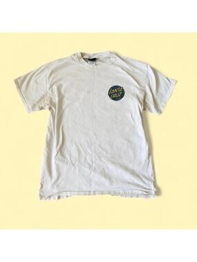 Santa Cruz white tee with tropical hibiscus graphic and yellow lettering